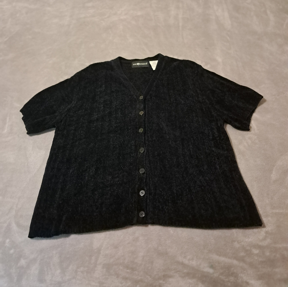 Y2K Womens Chenille Button Up Short Sleeve Black Top Layering Sz. XL